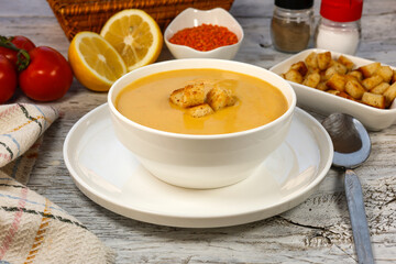 Mercimek Çorbası Lentil soup on the white wood background	
