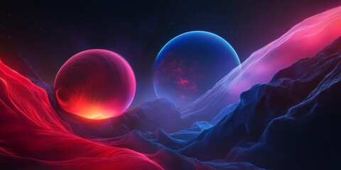 Naklejka premium two glowing spheres with colorful light, floating above a surreal landscape with smooth flowing mountains. The whole image has a futuristic and cosmic feel. 