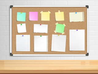 Office cork bulletin board template for business above the desktop. Sheets of paper and stickers for notes. Vector mockup