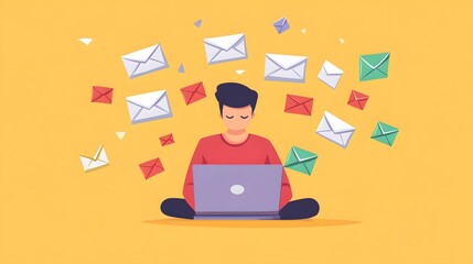Digital Deluge: A person sits immersed in a digital world, surrounded by a flurry of colorful envelopes representing the constant flow of information.