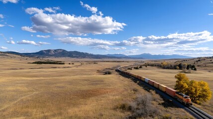Obraz premium Freight train hauling cargo containers across a vast countryside landscape
