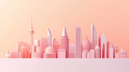 Obraz premium Artistic skyline composition showcasing global landmarks in a fantasy-inspired setting, soft pastel tones.