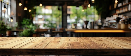 Cozy café interior with wooden table, plants, and soft lighting