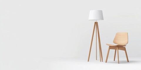 Simple wooden chair and floor lamp on white background