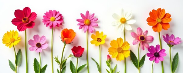 Obraz premium Vibrant pressed summer flowers in various shapes and colors on a white background, vibrant, wallpaper