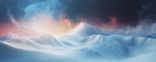 Fototapeta premium an artistic, scenic snow-covered mountain range under a vibrant sky, blending light and shadow to create a captivating landscape. The colors of sunset add a magical feel