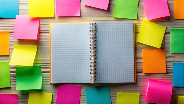 Colorful Sticky Notes Arranged on a Notebook Using Rule of Thirds