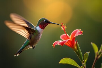 Fototapeta premium Hummingbird feeding on vibrant hibiscus flower in sunlight