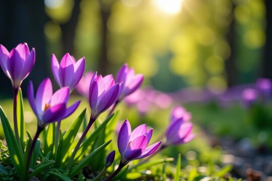 Vibrant purple flowers blooming in Ujazdowski Park during spring, vibrant, blooming