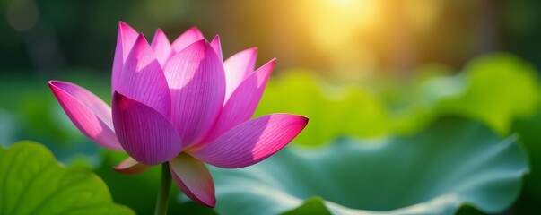 Obraz premium Vibrant purple lotus flower blooming in bright sunlight, spirituality, zen, symbol