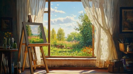 Art Studio with Landscape Painting on Easel Framed by Open Window Showing Verdant Outdoors