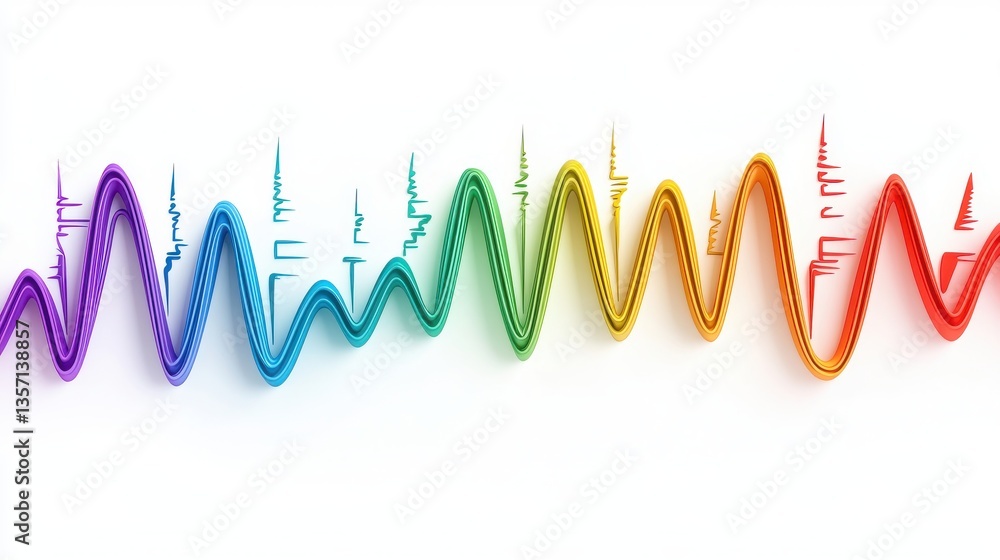 Poster a vibrant waveform graphic displaying a spectrum of colors, illustrating sound waves in a visually e