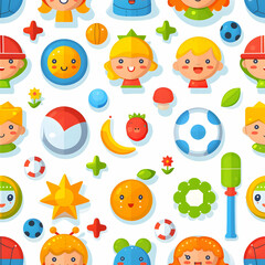 Fototapeta premium A colorful pattern featuring playful children and various sports and toys.