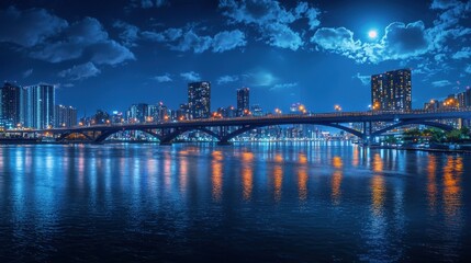Fototapeta premium Nighttime city skyline featuring bridge and water reflections under a moonlit sky. Serene urban landscape.