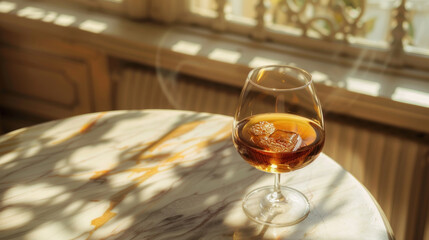 Elegant snifter of brandy on a marble table, sunlight streaming through the window