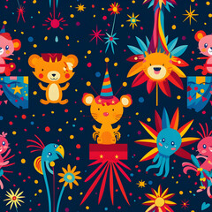 Fototapeta premium A colorful, playful illustration featuring cartoon animals and festive elements.