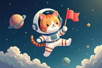 Cat astronaut exploring space with flag in paws