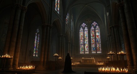 Fototapeta premium Gothic cathedral interior with stained glass and candlelit ambiance