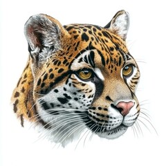 Fototapeta premium Detailed Ocelot Portrait with Realistic Fur Patterns and Golden Eyes Against Plain White Background