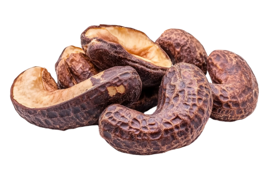 Shelled cashews are separated on a white background.
