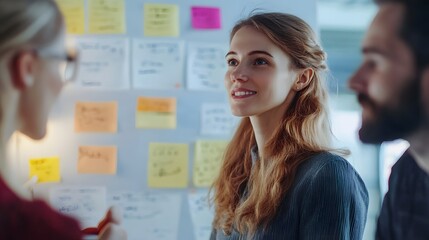 Teamwork in Action: A collaborative business meeting, featuring colleagues engaged in a lively discussion, with colorful sticky notes on the board, symbolizing planning and ideas. 