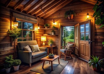 Cozy Tiny House Interior: Warm Low-Light Photography