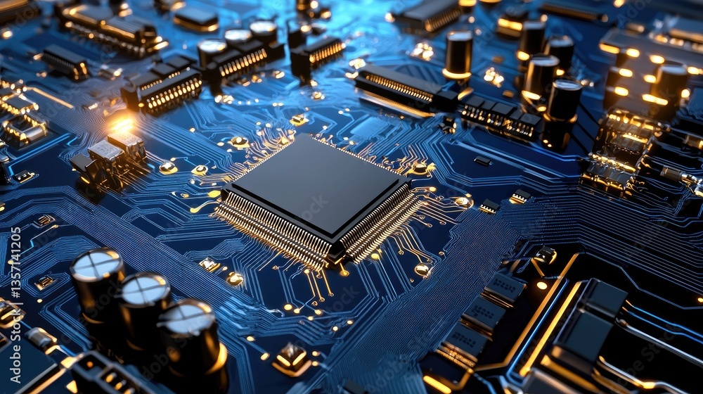 Poster glowing blue circuit board with data flow patterns, modern tech background for innovation