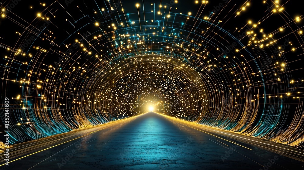 Poster glowing particles and light trails on dark tech background, big data visual concept