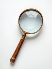 A close-up of a magnifying glass placed on a white background, representing focus, detail, and investigation, symbolizing concepts like research, analysis, and discovery in a minimalist style.
