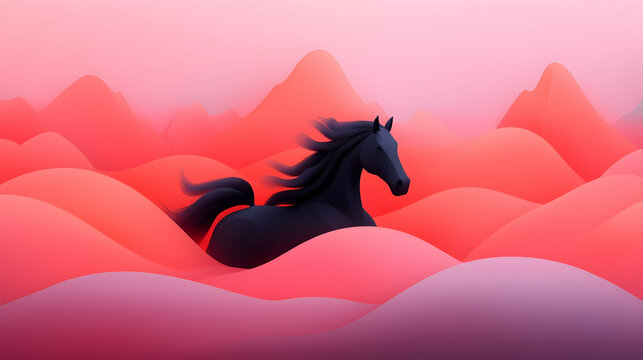 Black Horse Running Through Pink And Red Mountains at Sunset - Powered by Adobe