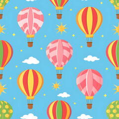 Colorful hot air balloons against a blue sky with clouds and sun.