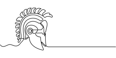 Continuous one line drawing of spartan helmet. Medieval, Roman, traditional, protection concept. Editable stroke vector, One line drawing of armour warrior helmet. One continuous line drawing. 