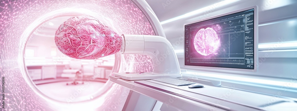 Poster futuristic brain visualization with computer screen in scientific lab
