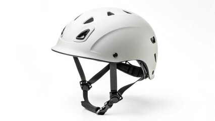Matte grey protective safety helmet with adjustable chin strap on white background designed for outdoor sports, climbing or cycling safety gear concept with copy space