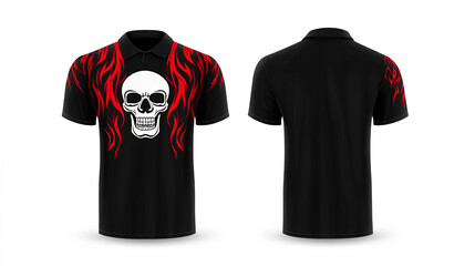 Black polo shirt with skull and flames design