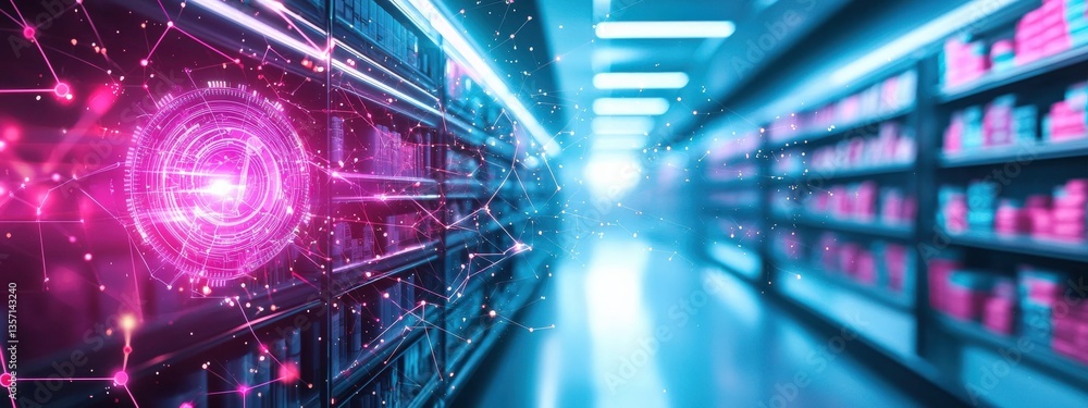 Poster futuristic data visualization in library with shelves and light effects