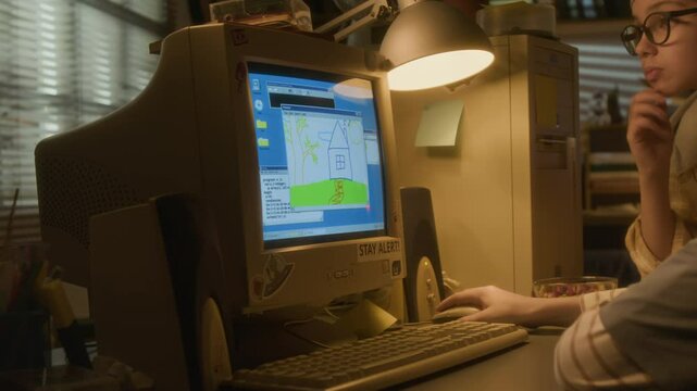 Closeup of two young boys drawing kids picture of house using retro computer in warm toned 90s setting