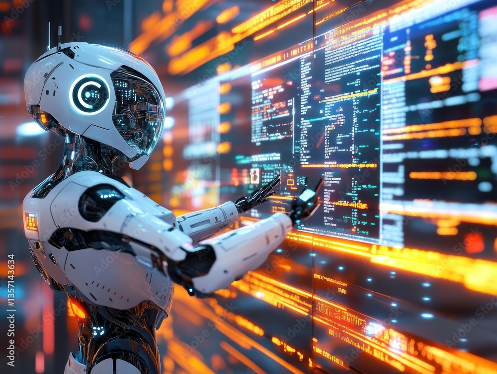 Poster futuristic robot interacting with digital interface in a tech environment