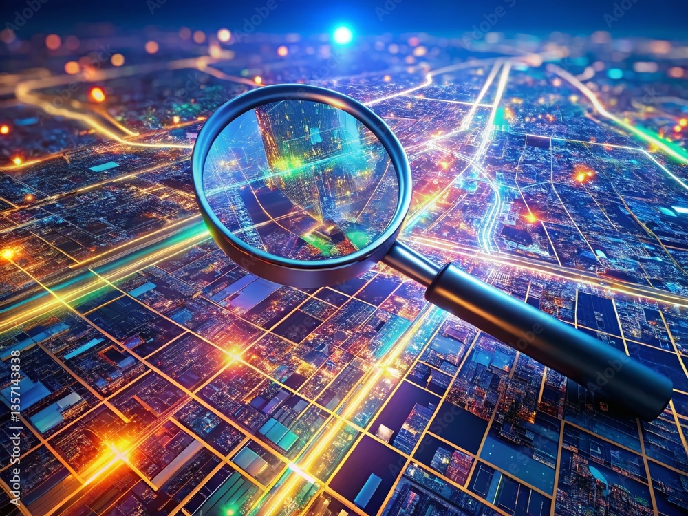 Aufkleber aerial drone view: 3d magnifying glass illuminating digital map pathways - search navigation concept