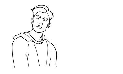 Sculpted pumped up body. Sport man narcissist, admires himself on white background. Sport guy model line art drawing. Vector illustration