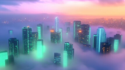 Fototapeta premium A stunning city skyline emerges from vibrant mist, illuminated by colorful lights, creating a dreamlike atmosphere at dusk.