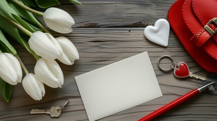 Love and Romance Still Life with White Tulips Red Bag Key and Heart on Rustic Wood Backdrop