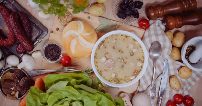 Sour Rye Soup with Cold Cuts and Vegetables