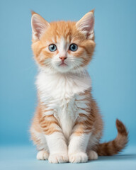 Obraz premium A charming ginger kitten with striking blue eyes poses against a soft blue background, exuding cuteness and playfulness.