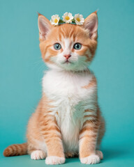 Obraz premium Cute orange tabby kitten with a flower crown, looking playful and curious against a solid turquoise background. Perfect for pet lovers.