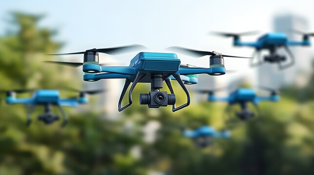 A swarm of flying teal and black drones equipped with cameras captures stunning aerial views over a blurred background of trees and city buildings