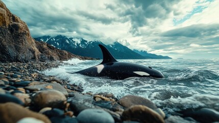 Orca beaching, rocky coast, mountains, ocean waves, wildlife documentary