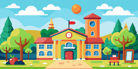 caronish, school, background, house, landscape, village, cartoon, vector, home, illustration, sky, building, tree, nature, summer, town, architecture, city, rural, farm, grass, country, spring, hill, 