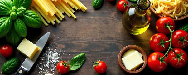 A rustic Italian food background with various ingredients including pasta, tomatoes, basil, olive oil, garlic, and Parmesan cheese,  food,  olive oil