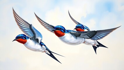  Swallows Soaring with Iridescent Feathers in Detailed Painting